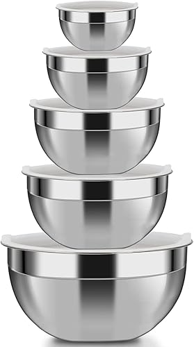Juego de 5 cuencos de acero inoxidable, utensilios para cocina, multifuncionales, apilables, aptos para lavavajillas, 3.75 L 3.25 L 2.5 L 2 L