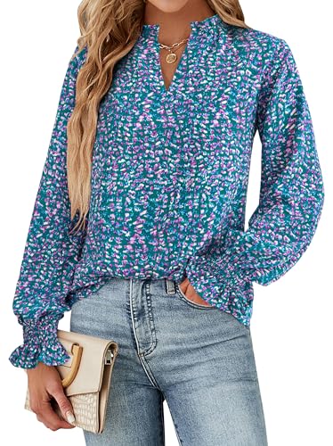 MASCOMODA Womens V Neck Floral Long Sleeve Tops 2025 Summer Casual Loose Puff Sleeve Chiffon Boho Work Blouse Dressy T Shirts