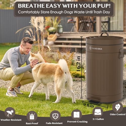 Image of PAWZIDEA Dog Poop Trash Can Outside Odor Control, 3.1Gallon Pet Waste Trash Can Outdoor Waterproof, Dog Poop Container Bin Outdoor Garbage Can with Lid, 7.8in Activated Carbon Filter Pet Waste Station
