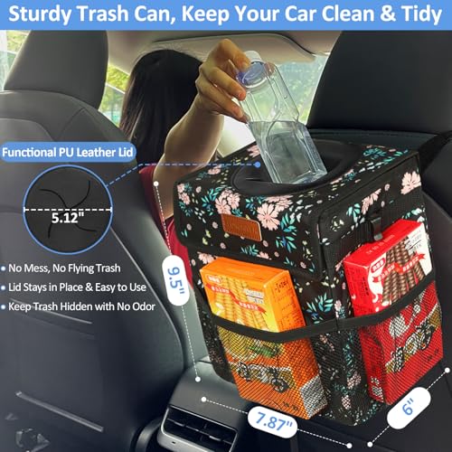 Image of ELONGRIVER Car Trash Can Bin for Back Seat Leak Proof, Cute Car Trash Bag Hanging, Vehicle Trash Can for SUV Truck Van, Automotive Garbage Cans Front Seat Colorful Floral, 2 Gallons