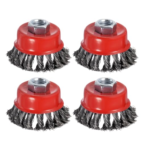 Image of 4 Pcs Twisted Knotted Wire Cup Brush for Angle Grinder - [2.5 Inch] for Paint Stripping Cleaning Rust Duty Abrasive, 5 /8 Inch-11 Threaded Arbor, .020 Carbon Steel Wire, Red