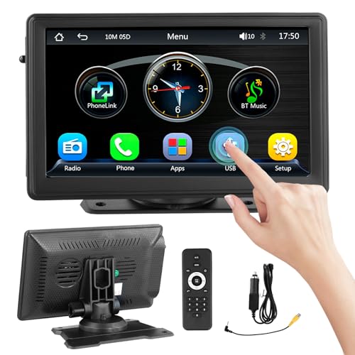 Pantalla táctil IPS HD de 7" con control remoto, CarPlay inalámbrico y con cable y Android Auto, Bluetooth 5.1 y soporte giratorio de 360°