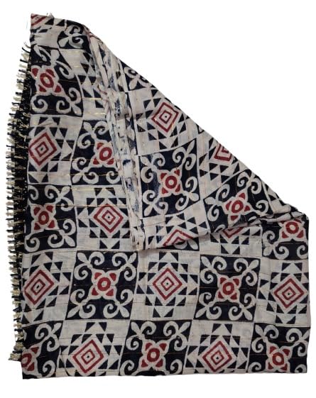 Image of Ethnic Geometric Print Dupatta for Women | Navy Blue | Red and White | Fringed Ends