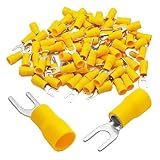 bskkw 100Pcs 12-10 AWG Yellow Fork Spade Wire Connectors, Insulated U-Type Crimp Terminals #10 M5 Stud, PVC Tinned Copper Electrical Terminal Kit for Automotive Marine Circuit Applications