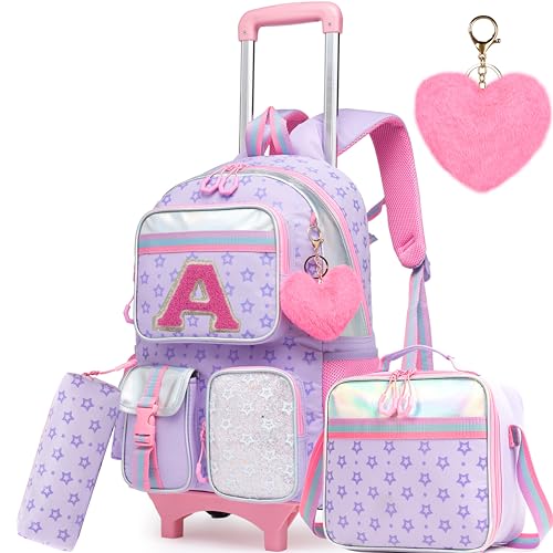 Meetbelify Mochila infantil com rodinhas para estudantes do ensino fundamental, Estrela, roxo