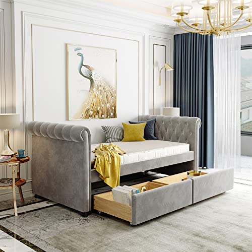 Twin Daybed with Storage Drawers, Twin Size Upholstered Daybed with Wood Slat Support, Upholstered Tufted Sofa Bed, No Box Spring Needed (Twin, Grey) Twin Daybed with Storage Drawers, Twin Size Upholstered Daybed with Wood Slat Support, Upholstered Tufted Sofa Bed, No Box Spring Needed (Twin, Grey)
