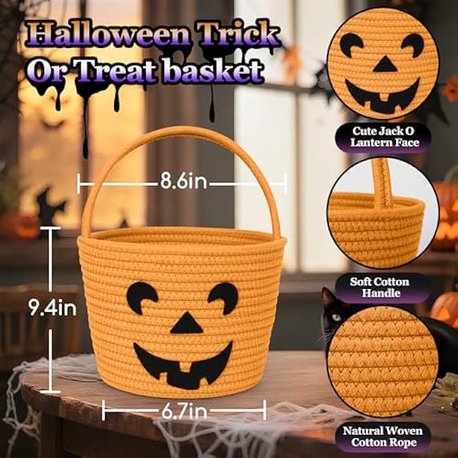 Halloween Pumpkin Basket for Kids, Trick or Treat Candy Bucket, Small Woven Boo Spooky Ghost Basket, Cute Cotton Rope Baby Fall Gift Bin, Halloween Decorations, Orange