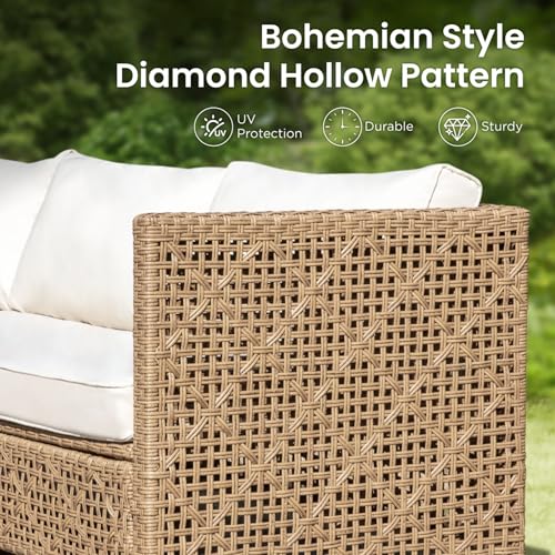 Image of PHI VILLA Wicker Patio Furniture Set, Rattan Patio Sectional Sofa Outdoor Couch Set with Acacia Wood Coffee Table, 7 Pieces U-Shaped Patio Conversation Set for Backyard Porch, Beige Cushion