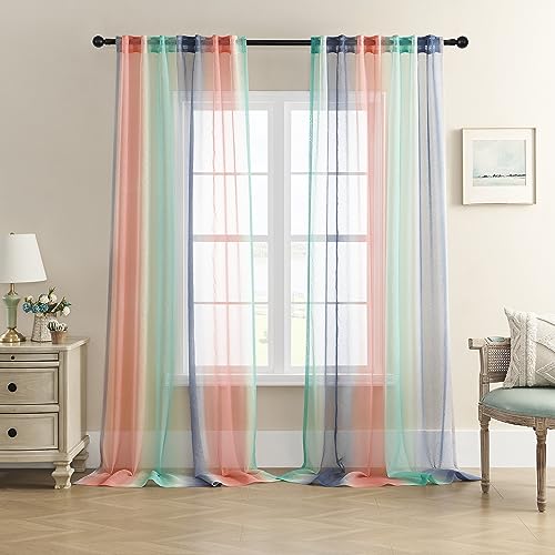 Image of XiDi Grey Pink and Green Curtains for Bedroom Girls Room Decor,Ombre Window Semi Sheer Curtains for Nursery Kids Room 96 Inch Length 2 Panels