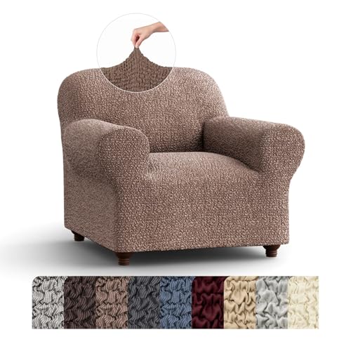PAULATO BY GA.I.CO. Chair Cover - Armchair Cover - Armchair Slipcover - Cotton Fabric Slipcover - 1-piece Form Fit Stretch Stylish Furniture Protector - Mille Righe Collection - Camel (Chair)