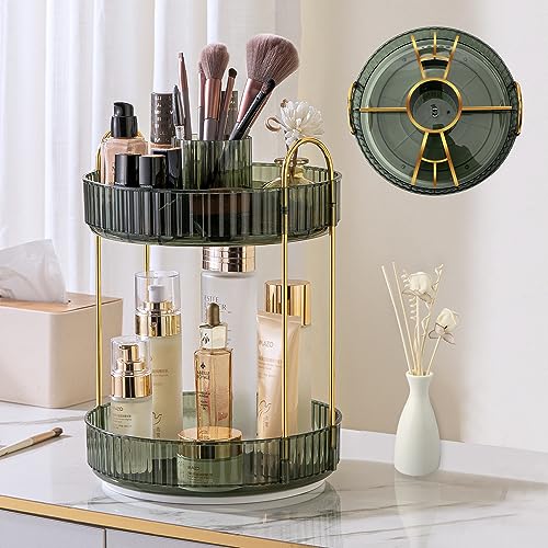 Telaine 360 rotating Makeup Organizer, Skincare Make Up Storage for Perfume Cosmetic Skin care,bathroom Countertop Organizer (2-Tier Green)