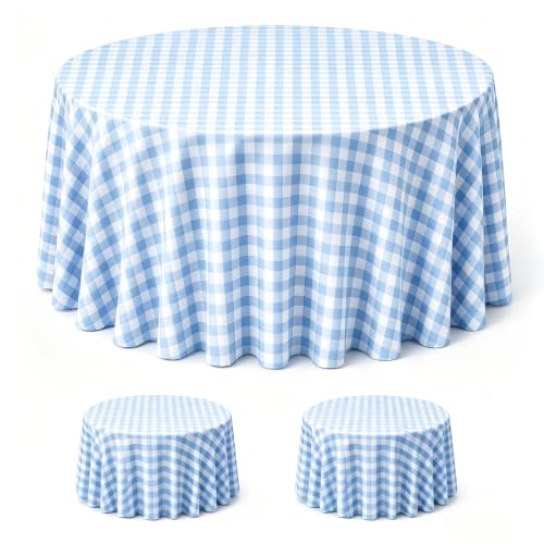 Image of WNINK 2 Pack Blue Gingham Round Tablecloth, 84 Inch Disposable Plastic Table Covers, Blue Checkered Round Table Cover for Birthday Parties, Holiday, Picnic, BBQ, Family Gathering Party Supplies