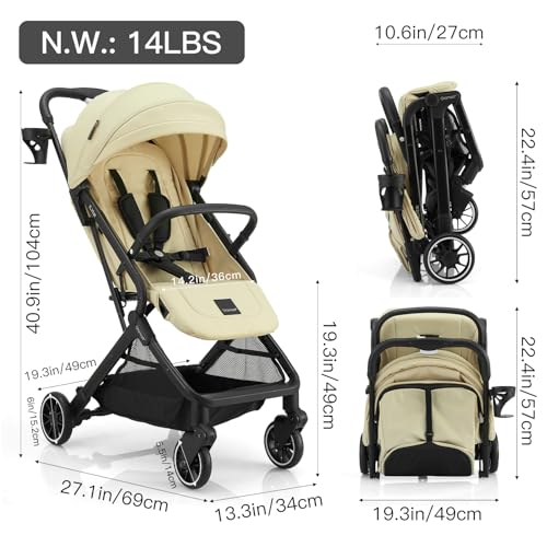 Compact Fold Baby Stroller, Lightweight Travel Toddler Stroller with One-Click Fold, Extendable UPF50+ Canopy, Cup Holder, UV Protected and Waterproof, One-Hand Folding - Beige - Image 6