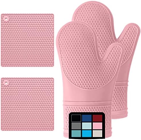 Gorilla Grip Heat and Slip Resistant Silicone Oven Mitt and Trivets Set, Waterproof, Cotton Lined Gloves, BPA-Free, Long Cooking Mitts and Trivet Mats, Kitchen Potholder Sets for Pans, 4 Pieces, Pink