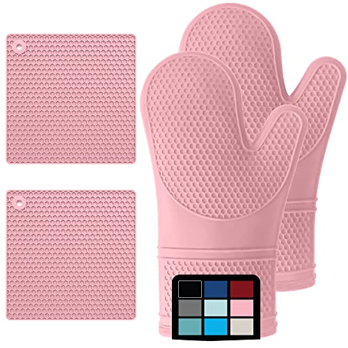 Gorilla Grip Heat And Slip Resistant Silicone Oven Mitt And Trivets Set, Waterproof, Cotton Lined Gloves, Bpa-Free, Long Cooking Mitts And Trivet Mats, Kitchen Potholder Sets For Pans, 4 Pieces, Pink #TOP9