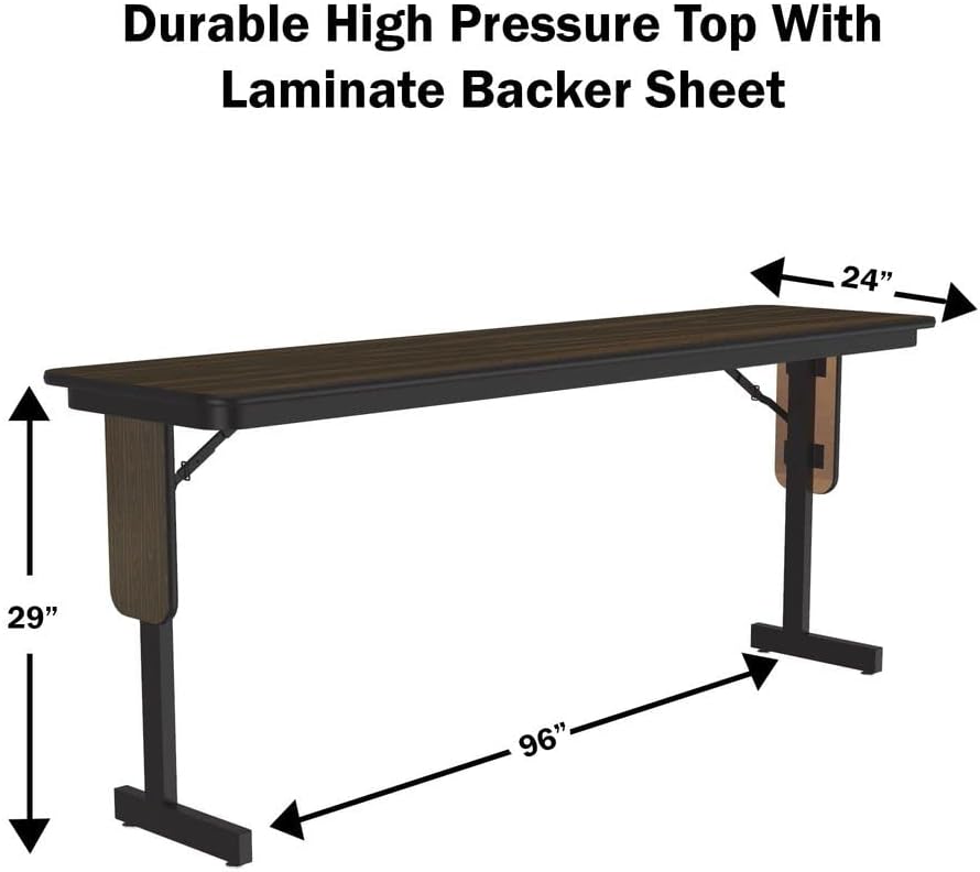 Correll 24"x96" Folding Seminar Training or Classroom Table, Medium Oak Thermal Fused Laminate, Maximum Leg Room, Black Steel Frame, Made in The USA, Seats 4