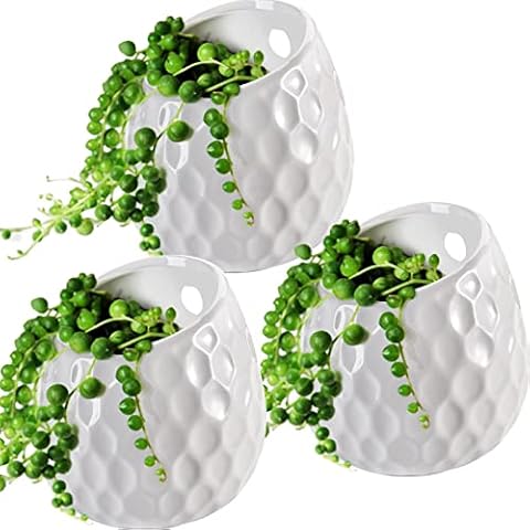 Dicunoy Set of 3 Ceramic White Wall-Mountable Succulent Mini Planters, 8cm Golf Ball-Inspired Hanging Flower Pots, Small Porcelain Planter Vase Cover