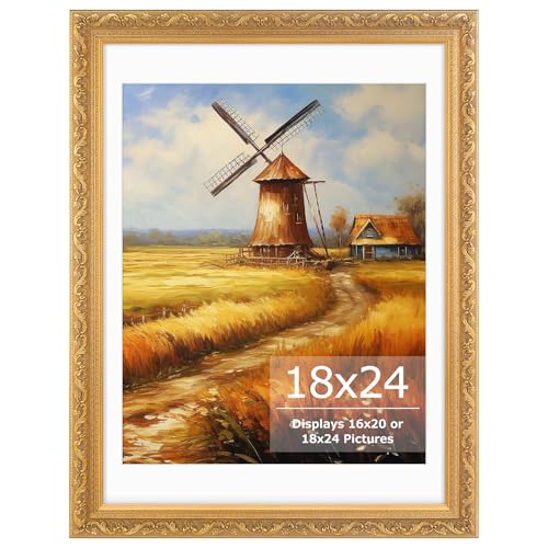 18x24 Picture Frame with White Mat Ornate Vintage Gold Finish