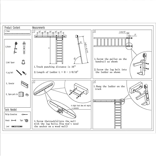 Sliding Library Ladder Hardware Kit - Mobile Ladder Rails with Wheels, Barn Door Accessories for Study, Attic, Living Room - Easy Install, 200cm (6.6ft) Length