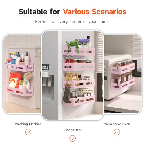 Image of Sevenblue 4-Pack Magnetic Spice Rack for Refrigerator with Hooks, Pink | Strong multipurpose magnetic shelf for kitchen & bathroom organization. Includes 4 removable hooks for hanging items.