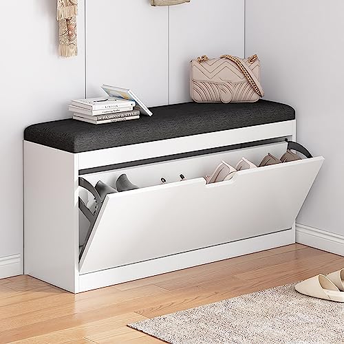 Zapatero independiente, zapatero moderno con cubo abatible, banco zapatero, estante estrecho para entrada con puertas, organizador para zapatero con cubo abatible autopuerta