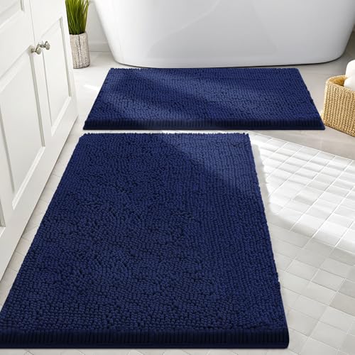 Image of Smiry Bathroom Rugs Sets 2 Piece, Soft Absorbent Chenille Machine Washable Non Slip Shaggy Bath Rug Set for Tub, Shower, and Floor (30x20+24x16, Navy Blue)