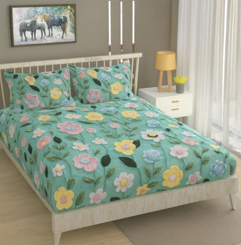 Image of RUMPS 380 TC Premium Heavy Cotton 7D Print Fast Colour Feel Elastic Fitted Floral Bedsheet King Size with 2 Pillow Covers || (Light Green, Fitted - 72 inchx78 inch King)