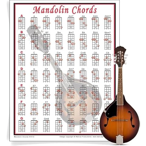 Mini Mandolin Chord Chart Poster - Laminated Mandolin Instrument Chart for Beginners and Musicians - Music Theory Poster with 56 Chords - Mandolin Accessories - 8.5" x 11" - Walrus Productions Cover