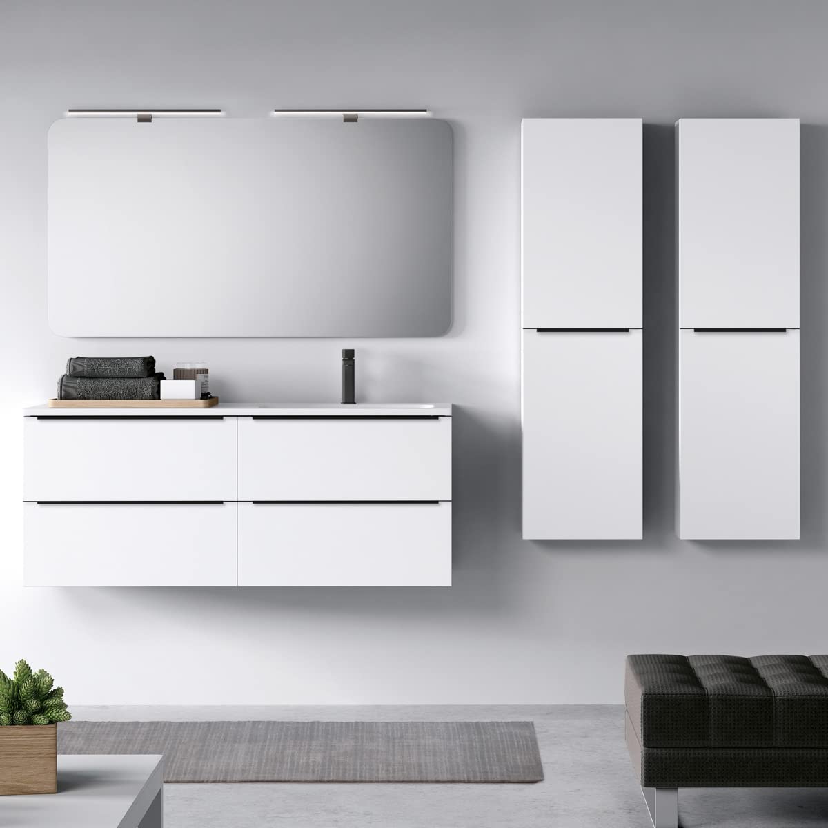 Landes Columna de Baño Suspendida 2 Puertas con Apertura Push y Cierre Amortiguado | Armario Alto Baño Colgante 140x34,9x31,9 | Blanco Mate