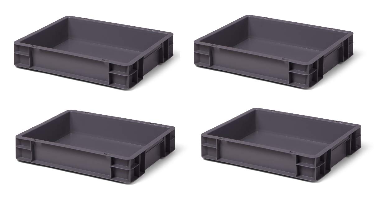 4 Stk. Transport-Stapelkasten TK475-0, grau, 400x300x75 mm (LxBxH), aus PP, Volumen: 6 Liter, Traglast: 25 kg, lebensmittelecht, made in Germany, Industriequalität