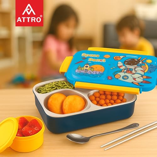 Image of ATTRO School Bite Stainless Steel Lunch Box - 3 Compartment Bento Tiffin, Leak-Proof & Durable, Ideal for Kids, School, Picnic- 750ml+150ml, Blue- Space Theme