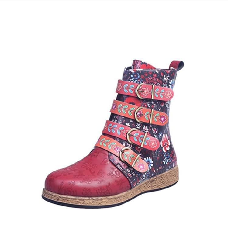 UOQAPRE Christmas Women's Mid Calf Cowboy Boots Cowgirl Wide Retro Western Shoes Wedge Chunky Platform Zip Booties for Women