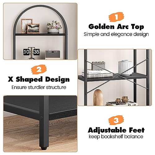 Arched Bookshelf 5 Tier Bookcase Display Racks Tall Bookshelves Modern Storage Rack Shelf Large Wood Book Shelf for Bedroom, Living Room, Home Office (Black)