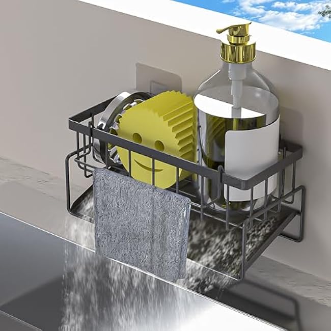 Sponge Holder for Kitchen Sink, Sink Caddy Organizer,Kitchen Essentials for Countertop-Self Drain Sponge Rack,Soap Dispenser Storage,Rustproof Stainless Steel,High Brush Holder,Grey