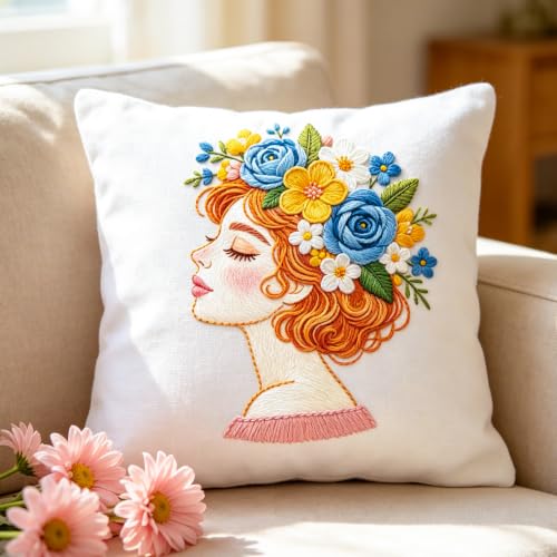 Image of BEUNITONE 4 Set Embroidery Kits for Beginners Adult with Pre-Print Pattern | 7.9x7.9 inch Include Embroidery Cloth Hoops Threads for Craft Lover, Beautiful Flower Lady Pattern for Women Home Decor