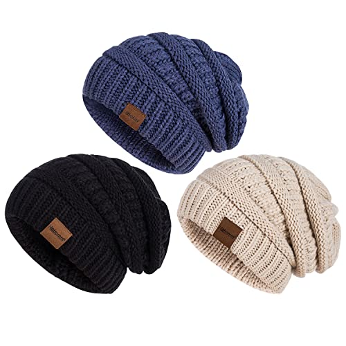 Womens Beanies for Winter 3 Pack, Slouchy Beanies for Women Oversized Knit Warm, Winter Hats for Women Thick for Cold Weather(Black+Oatmeal+Denim)