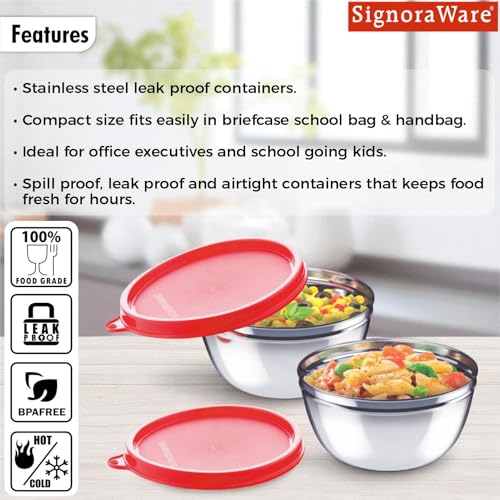 Image of Signoraware Stainless Steel Mixing Bowl Set| Dishwasher Safe| Compact Size| Odor-Free| Great for Serving Dishes| Ideal for Office & School use| Great for Gifting (500ml x 2| Set of 2| Red)