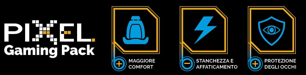 Pixel Gaming Pack, Soluzione per Il Gamer: Minor Stanchezza e Affaticamento, Protezione Occhi Grazie a Occhiali con Filtro Luce Blu e Raggi UV, Poggiapolso Ergonomico, Integratore Occhi. novità!!