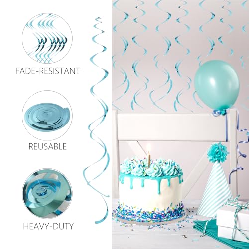 Image of Teal Hanging Swirls Party Decorations 30 Pack- Extra Long Double Swirl Ceiling Decorations for Birthday, Baby Shower, Christmas, Wedding | Reusable Teal Party Streamers with Hooks