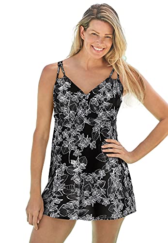 Swimsuits For All Swim 365 Women's Plus Size Loop-Strap V-Neck Tummy Control Two-Piece Swim Dress - 20, Black Stencil Leaf Print