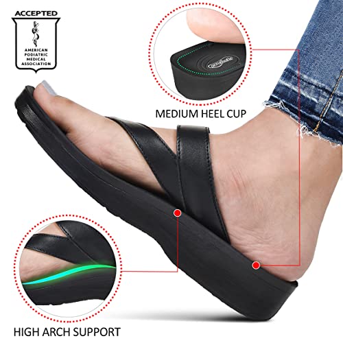 Image of AEROTHOTIC Comfy Arch Support flip flops for women Split Toe Stylish Cushioned Strap with non-slip footbed Walking Dressy Sandals Indoor and Outdoor (Glen Black, US Footwear Size System, Adult, Women, Numeric, Medium, 9)