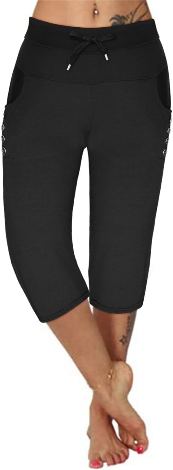 ZDRZKWomens Summer Workout Running Capris Pants Casual Plus Size Drawstring Sweatpant Stretchy Cropped Athletic Trousers