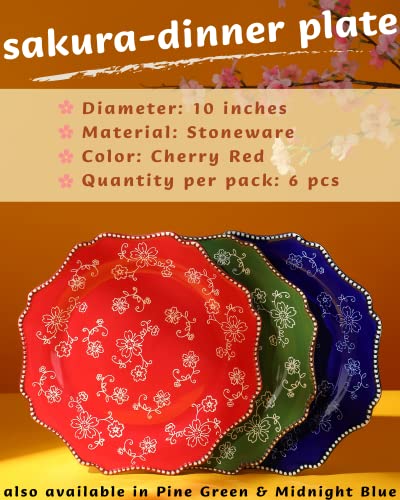 Kunaboo Premium Artisanal Large Ceramic Plates Set Of 6-10", Cherry Red Stoneware Dinner Plates - Ready To Wrap Gift #TOP5