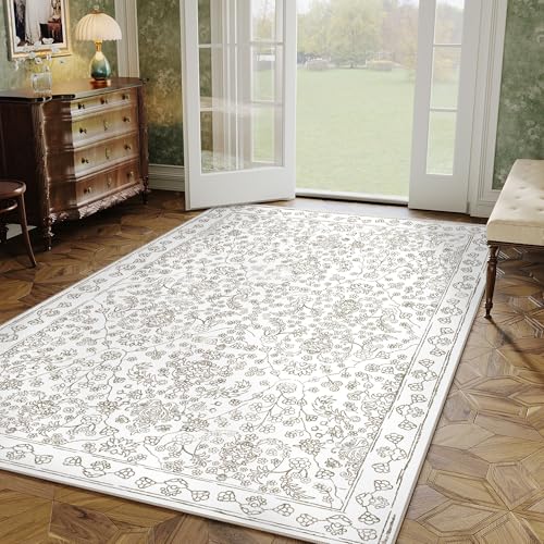 Floral Area Rug 4x6 Washable Entryway Taupe Carpet Non Slip Boho Thin Farmhouse Throw Accent Rug for Living Room Bedroom Office Kitchen Bathroom