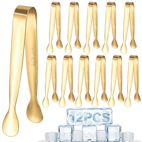 12 Pcs Gold Serving Tongs, Stainless Steel Ice Tongs Mini Sugar Tongs for Kitchen Appetizers, Party. Ting Tongs for Serving Food, Ice, Sugar Cube, Salad, Desserts