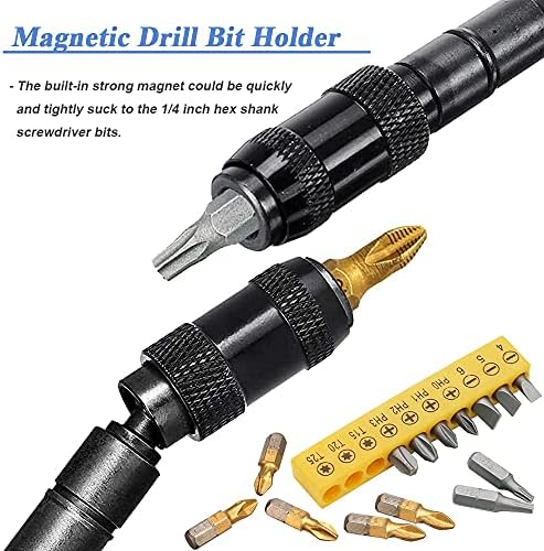 Mesee Pivoting Bit Tip Holder, Magnetic Drill Bit Holder Extension Rod 1/4" Quick Release Screw Drill Tip with 10 Types Screwdriver Bits & 10pcs Titanium Cross Screwdriver Bits