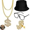 4 Stuks Hip Hop Kostuumset, Dollar Ketting, Zonnebril, Gouden Ring Dollartekens, Bucket Hoed, Rapperaccessoires Uit de Jaren 80/90, Voor Mannen en Vrouwen