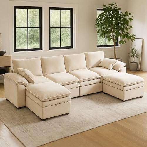 Large U-Shaped Sectional Couch Set - 6/7/8 Seater Oversized Cloud Sofa for Living Room, Big Comfy Chenille Fabric Couches, Extra Long Modular Sofa Bed Furniture (Beige, 6-Seater Sofa) - Thumbnail 2