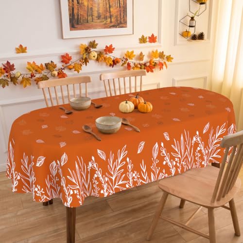 pahhjsa Orange Fall Tablecloth Oval 60 x 84 Inch, Stain Resistant Washable Fabric Leaves Wild Flowers Fall Table Cloth Oval Autumn Tablecloths Table Cover Decorations