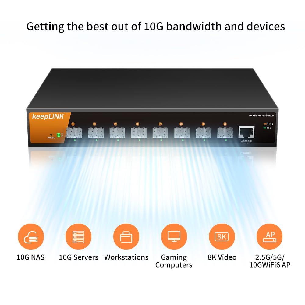 keepLiNK 8 Port 10G Web Managed Switch, 8 x 10G SFP+ Ports, L2+/L3 Smart Managed, IPv6, Static Routing, QoS, Link Aggregation/QoS/VLAN/IGMP, Metal Case
